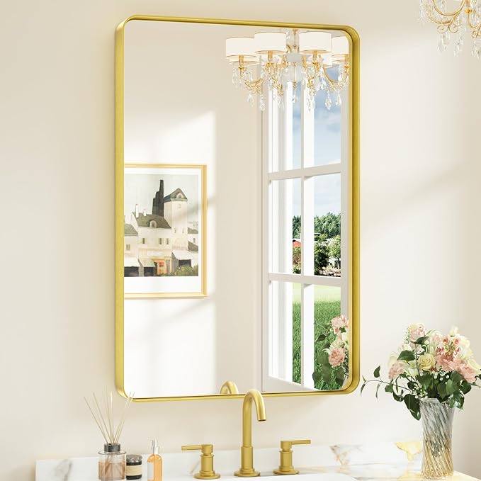 Keonjinn Gold Bathroom Mirrors for Over Sink 24 x 36 Inch Brushed Brass Metal by Keonjinn