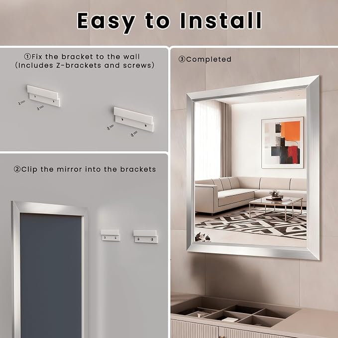 Amorho Bathroom Mirror, 40x38 Inch Silver Thick Metal Framed Wall Mirrors - Image 8