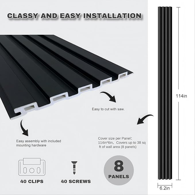 Extra Long Black Wall Panels for Interior Wall Décor 114x6.2x0.4in 8pack Modern - Image 7