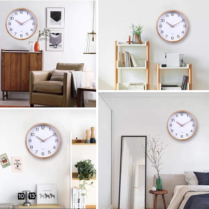 Kesin 12 Inches Wooden Round Silent Wall Clock White Wood Wall Clocks Analog - Image 5