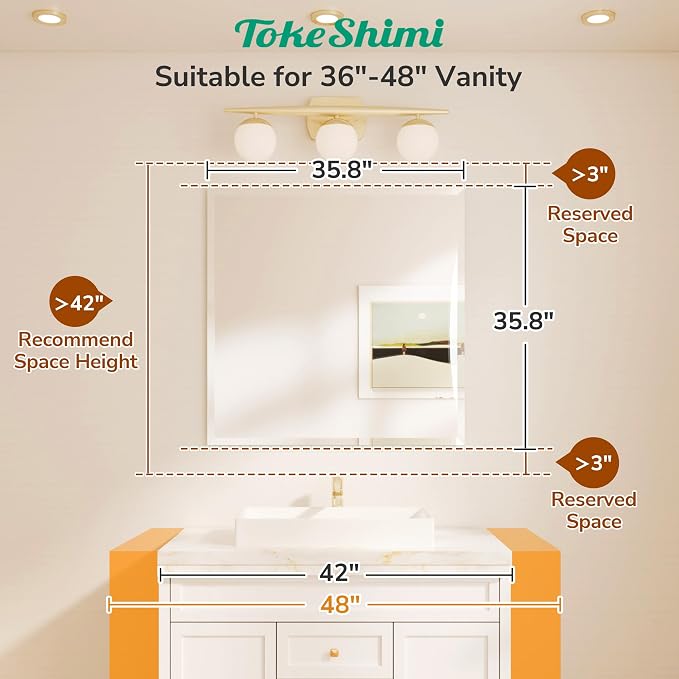 TokeShimi 36x36 Beveled Mirror Frameless Tempered, Rectangle Bathroom Mirror - Image 2