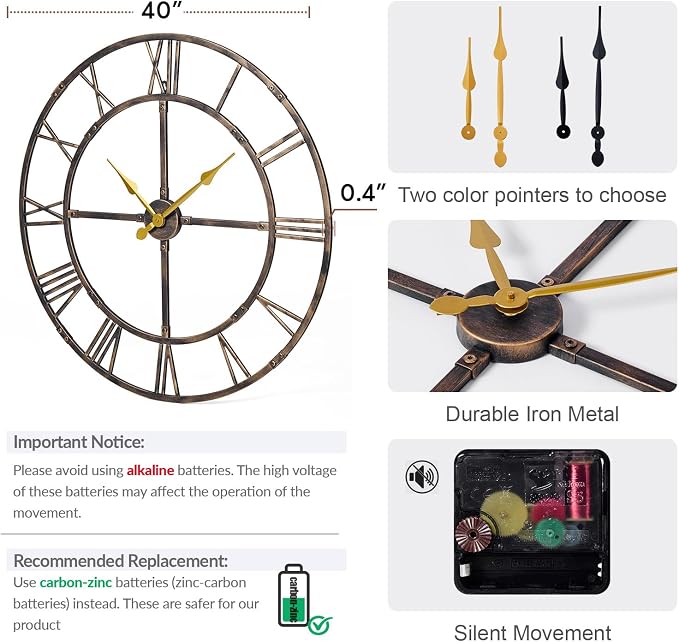 40 Inch Large Wall Clock for Living Room Decor – Easy-Assembly Silent - Image 2