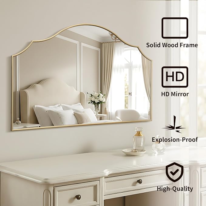 Besdomus Large Scalloped Gold Mirror: 47"x31" Modern Minimalist Wood Frame Wall - Image 2