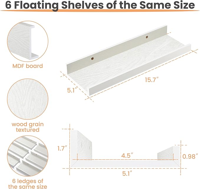 upsimples Floating Shelves for Wall, Wall Shelves for Decor Storage Set of 6 - Image 3