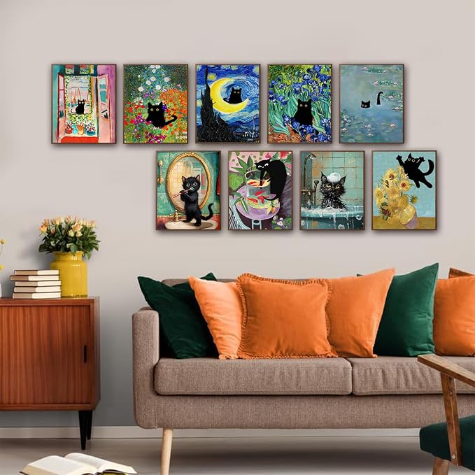 9Pcs Funny Black Cat Wall Art Cats in van gogh Famous Paintings Posters Prints - Image 6