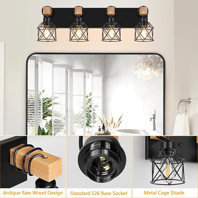FadimiKoo 4-Light Rustic Style Wood Bathroom Vanity Light Fixtures, Farmhouse - Image 5