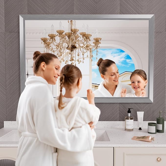 Amorho 50 X36 Inch Bathroom Mirror Silver, Thick Metal Framed Wall Mirrors - Image 6