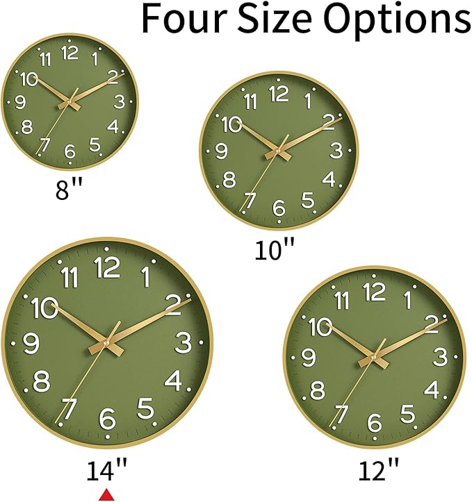 Roymnie Wall Clock 14 Inch Silent Green Wall Clocks Battery Operated- Modern - Image 2
