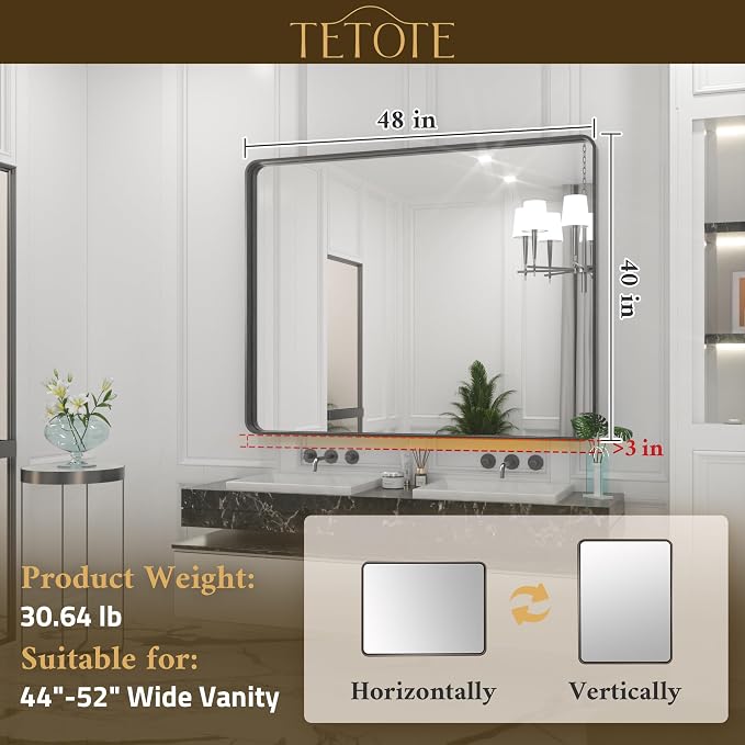 TETOTE 48 x 40 Inch Black Frame Mirror, Bathroom Vanity Mirror - Image 6