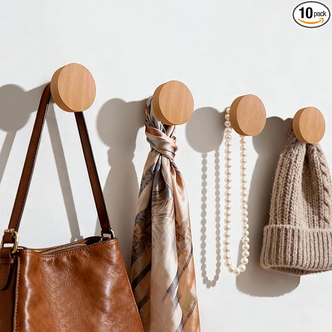 4 Pack Wood Hooks No Damage Wall Hooks Round Rings Adhesive Hooks Clothes by Birosnsy
