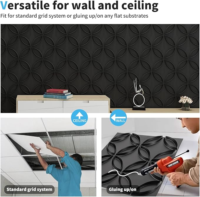 Art3d PVC 3D Wall Panel Interlocked Circles in Matt Black Cover 32 Sq.ft - Image 6