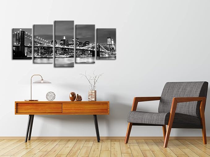 Wieco Art New York Brooklyn Bridge Canvas Wall Art Night View 5 Panels Modern - Image 3