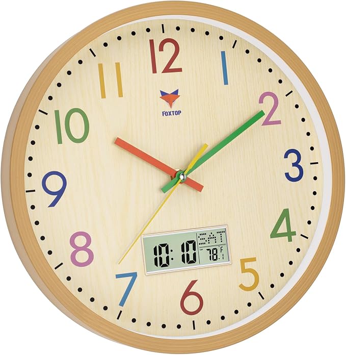 Foxtop Digital and Analog Kids Wall Clock 12 Inch Silent Non-Ticking Battery - Image 7