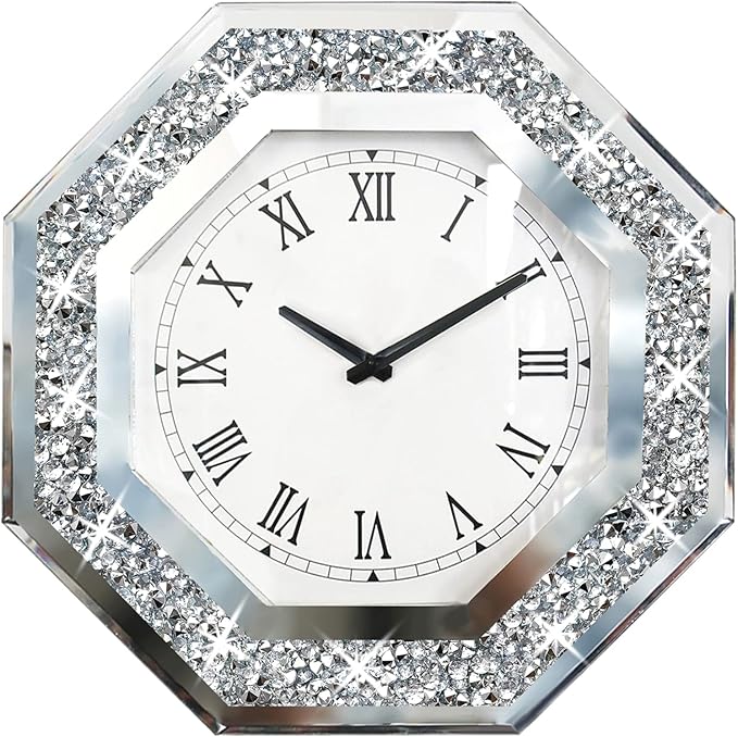 Wall Clock, Octagon Mirror Glass Clock, Cute Diamond 12-inch Non-Ticking Clock by XIHACTY