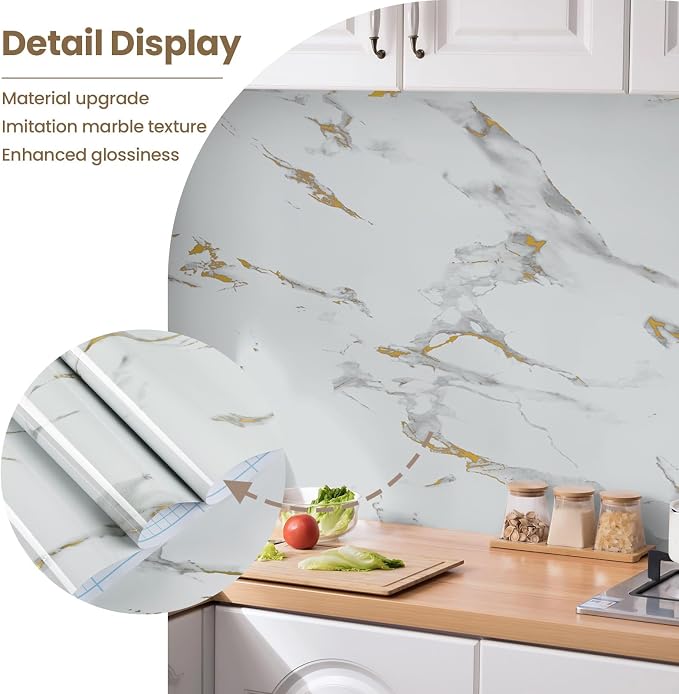practicalWs Glossy Marble Wallpaper Peel and Stick White/Gold Granite Contact - Image 3