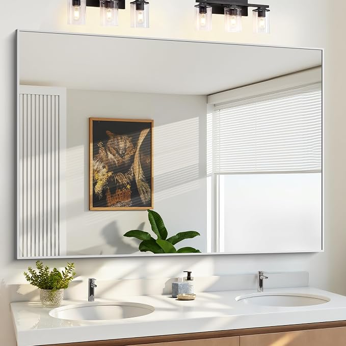 KOCUUY Silver Bathroom Mirror, HD Tempered Glass, Anti-Rust Brushed Silver Frame - Image 2