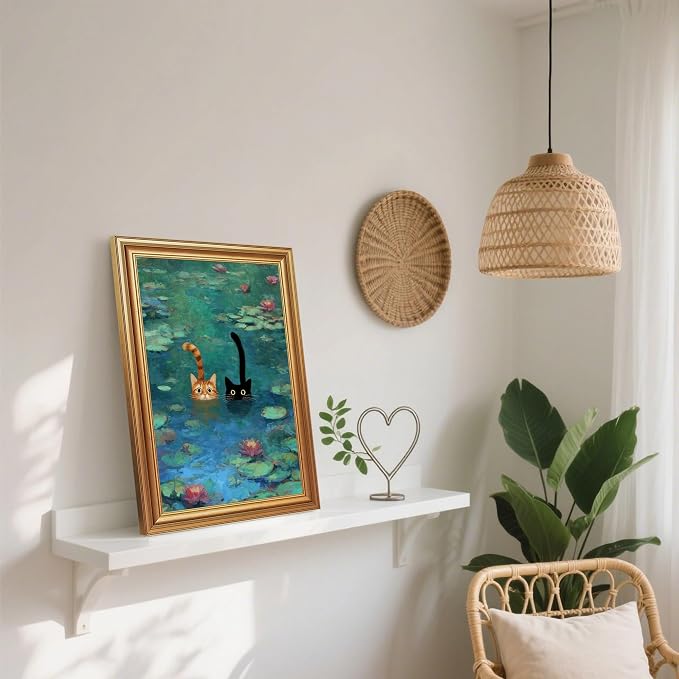 Fantasy Artists Gold Framed Wall Art Prints, Two Swimming Cats in Lotus Pond - Image 4