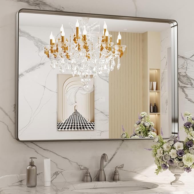 LOAAO 40X30 Inch Brushed Nickel Bathroom Mirror, Rounded Rectangle Silver Metal by LOAAO