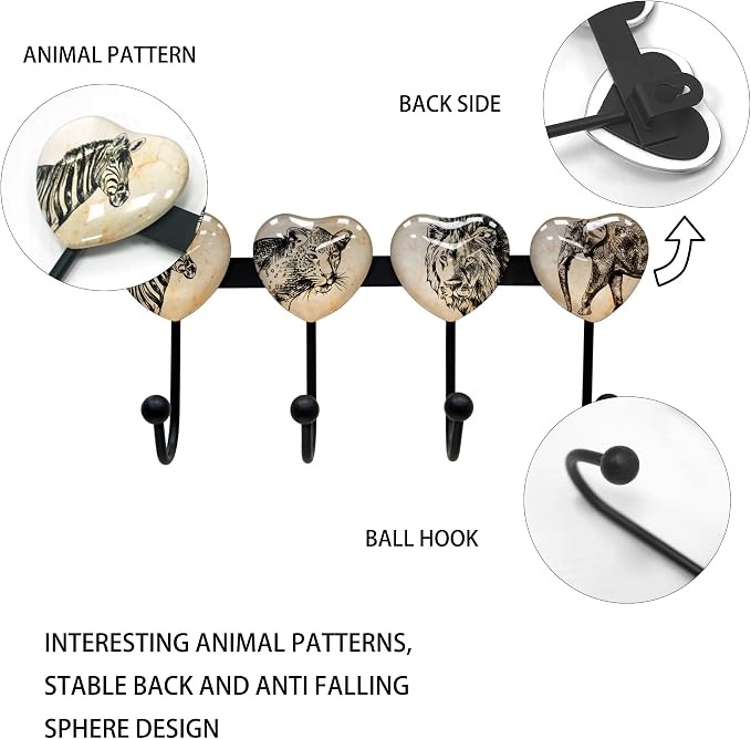 Coat Rack Wall Mounted with 4 Hook, Heart Glass Finishes Animal Pattern - Image 3