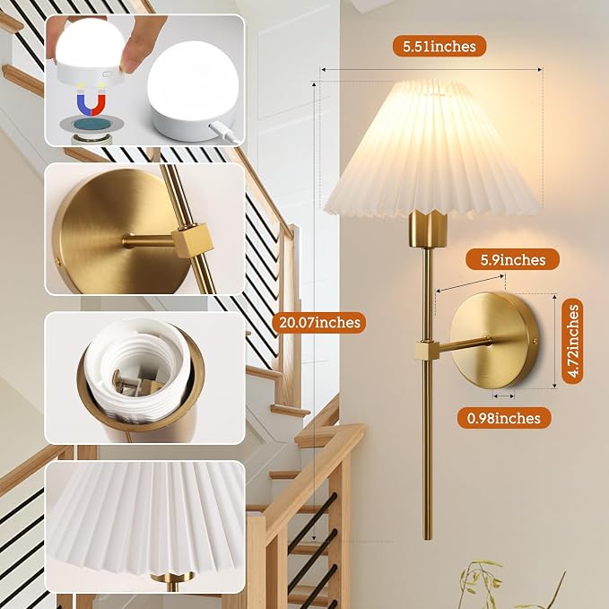 Gold Wireless Wall Sconce Sets of 2, Pleated Shades Rechargeable Battery - Image 5