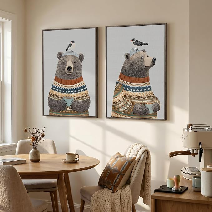 Framed Boho Animal Wall art for Nursery Decor, 2 Piece Rustic Bird Bear Canvas - Image 2