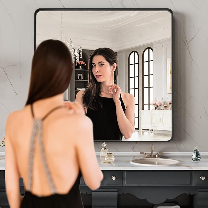 LOAAO 28X32 Inch Black Metal Framed Bathroom Mirror - Image 2