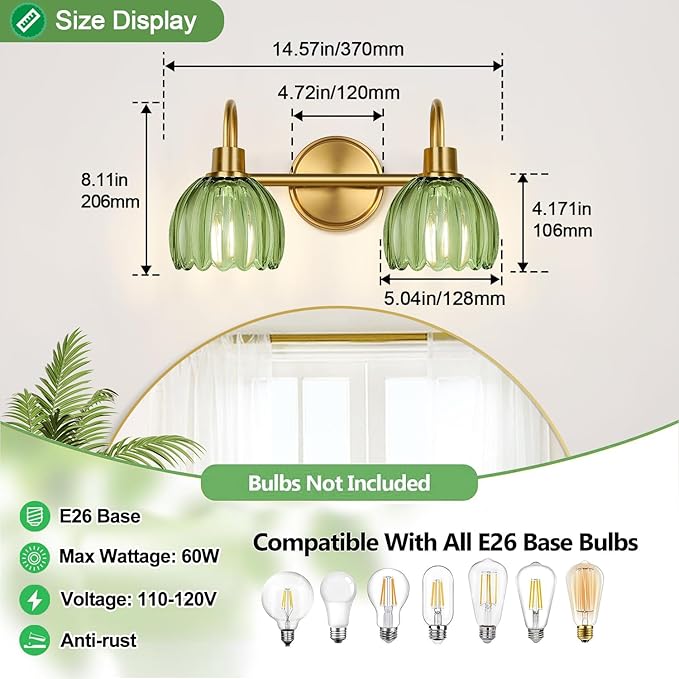 2-Light Bathroom Vanity Light, Brushed Gold Vanity Wall Light Over Mirror - Image 8