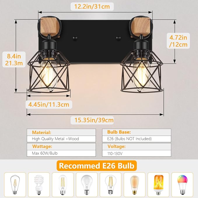 FadimiKoo 2-Light Farmhouse Bathroom Vanity Light Fixtures, Wood Bathroom - Image 2