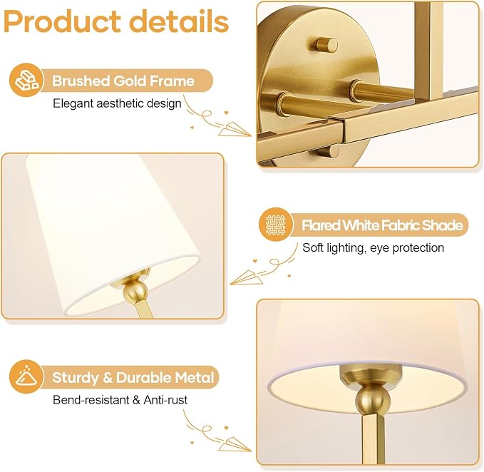 MOKATNG Bathroom Light Fixtures, 3-Light Brushed Gold Vanity Lights, Bathroom - Image 8