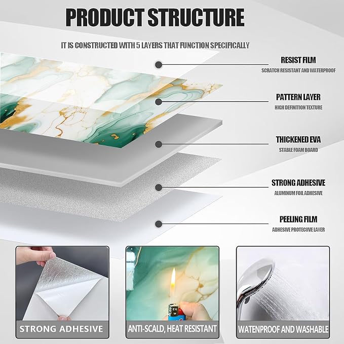 10pcs Peel and Stick Tile Shower Waterproof Marble Tiles Wall Panels, - Image 4