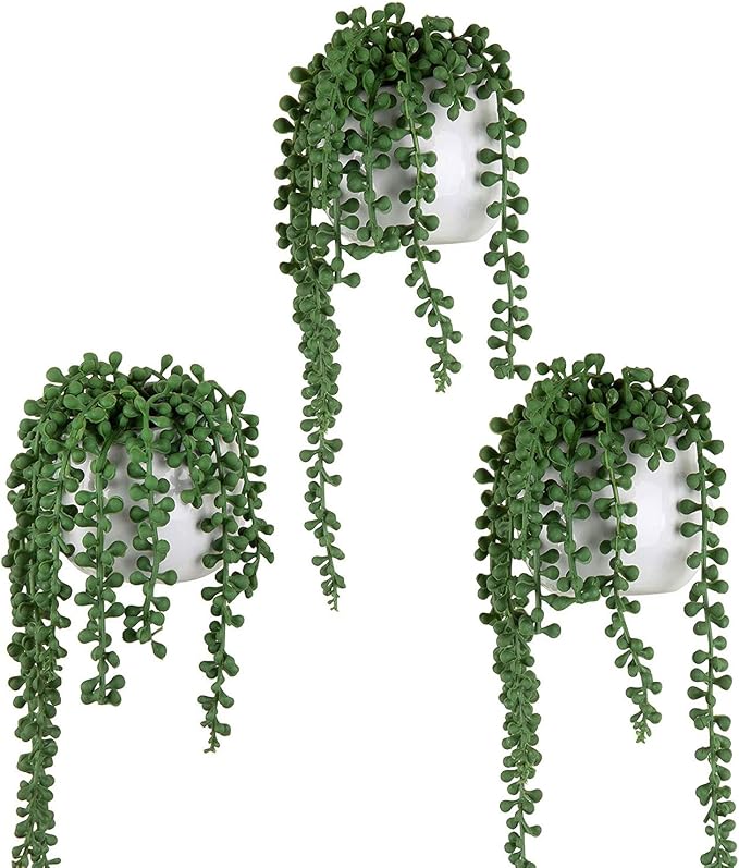 MyGift Artificial Faux String of Pearls Plants in White Ceramic Wall Hanging by MyGiftHome