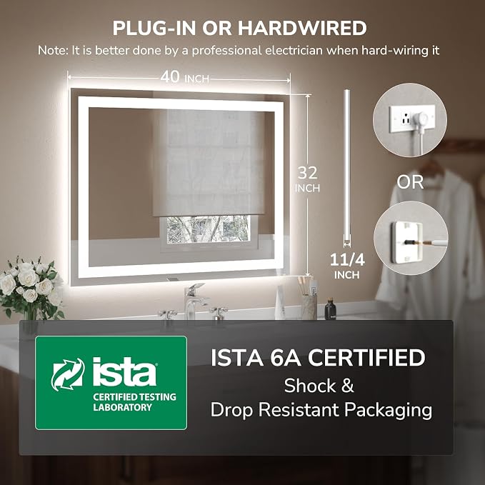 USHOWER LED Bathroom Mirror 40x32 Inch Tempered Glass - Image 7