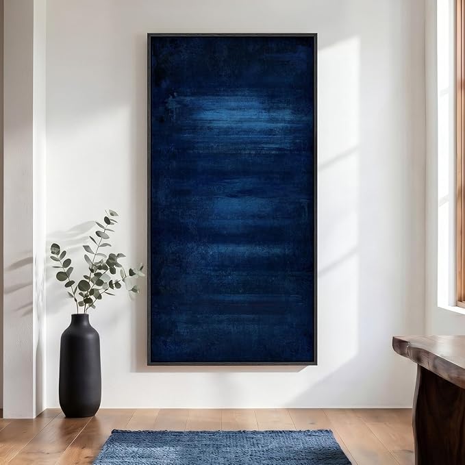 Large Framed Navy Blue Abstract Wall Art, Modern Vertical Canvas Prints by Cuspin