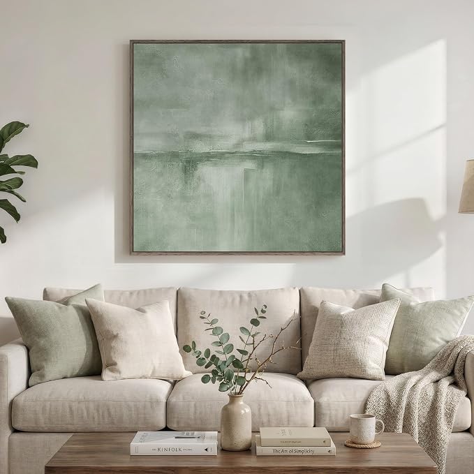 Large Framed Green Abstract Wall Art, Modern Minimalist Sage Green Canvas - Image 4
