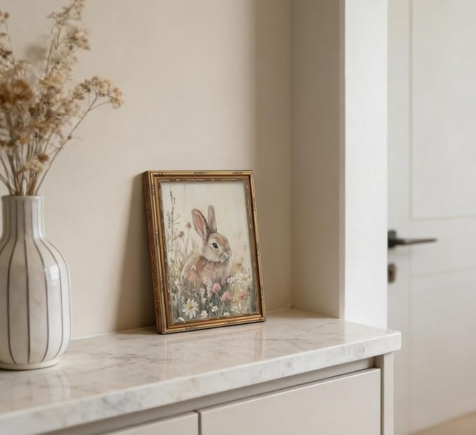 Vintage Gold Framed Easter Bunny Wall Art Spring Rabbit and Wildflowers - Image 6