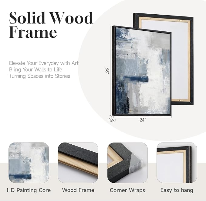 Large Framed Blue Gray Abstract Wall Art Set of 2, Modern Canvas Artwork - Image 5