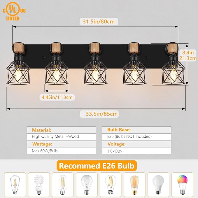 FadimiKoo 5-Light Wooden Black Bathroom Light Fixtures, Rustic Style Vanity - Image 2
