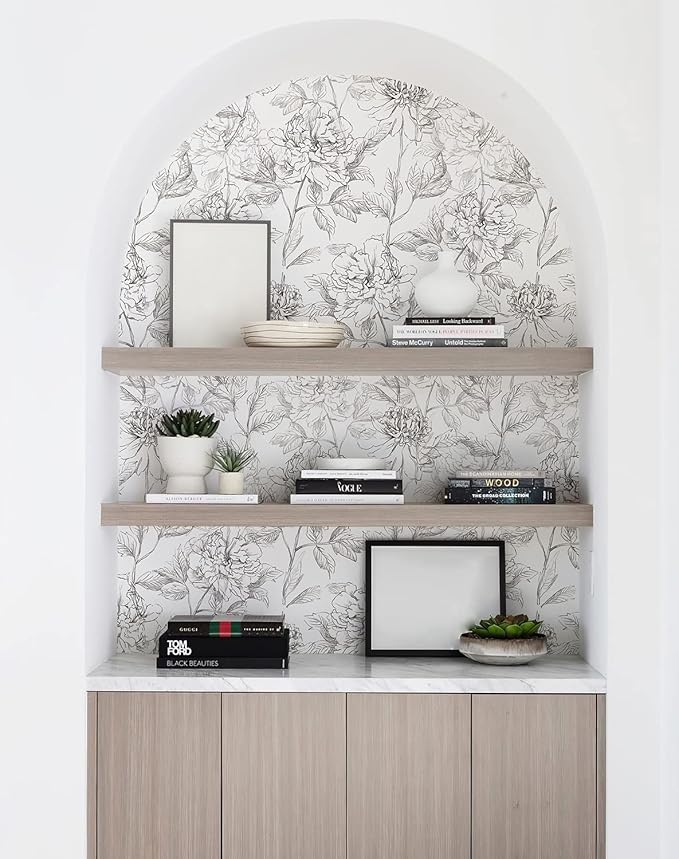 JiffDiff Floral Wallpaper Black & White Peel and Stick Vintage Peony Wall Paper - Image 4