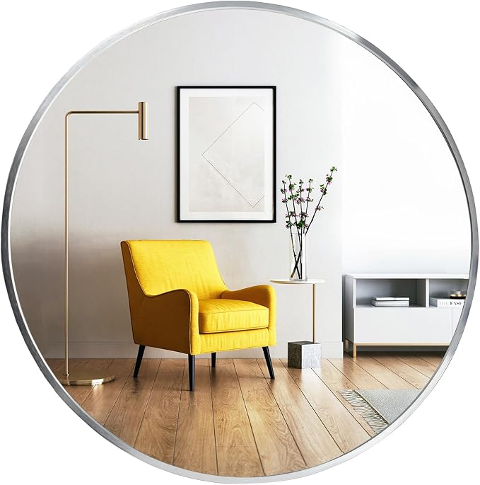 Oruii Silver Round Mirror, Round Mirror 24 inch Brushed Nickel, Circle Wall by OruiiMirror