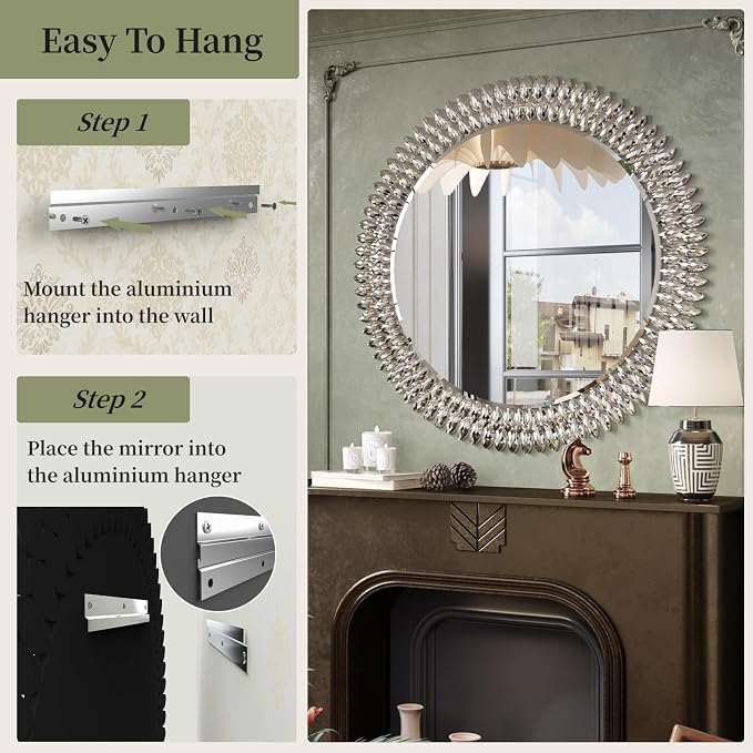 Kelly Miller 36" Large Round Jeweled Wall Mirror, Luxury Diamond Beveled - Image 7
