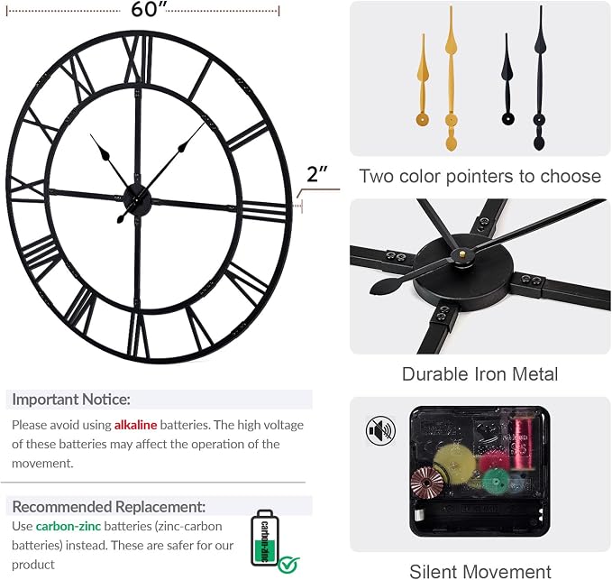 60 Inch Large Wall Clock for Living Room Decor – Easy-Assembly Silent - Image 2