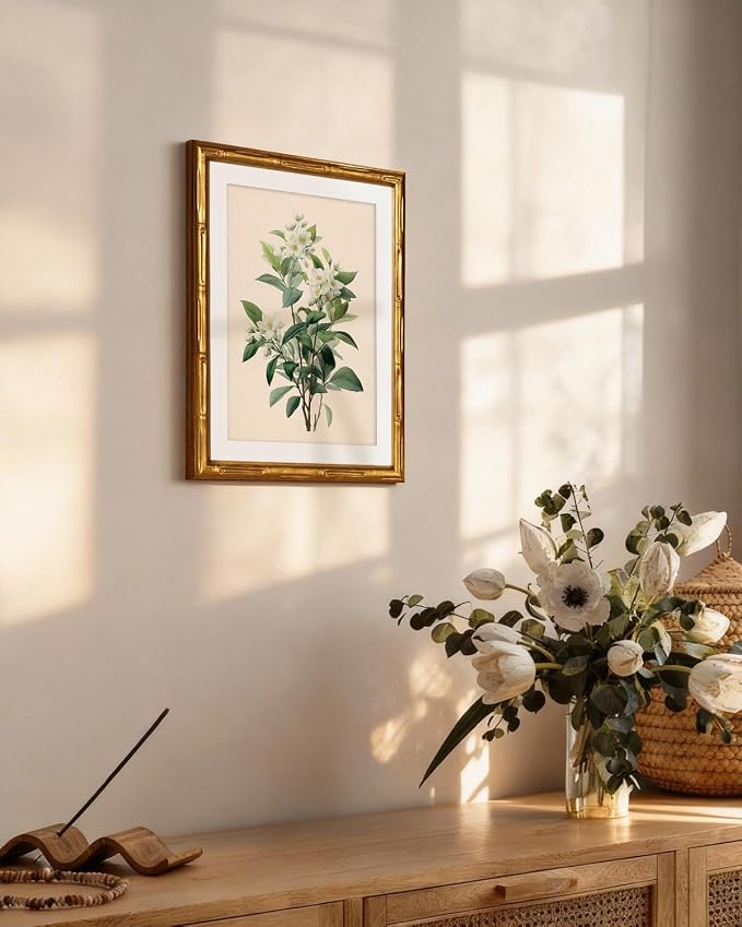 InSimSea Gold Bamboo Framed Canvas Wall Art, Vintage White Jasmine Botanical - Image 4