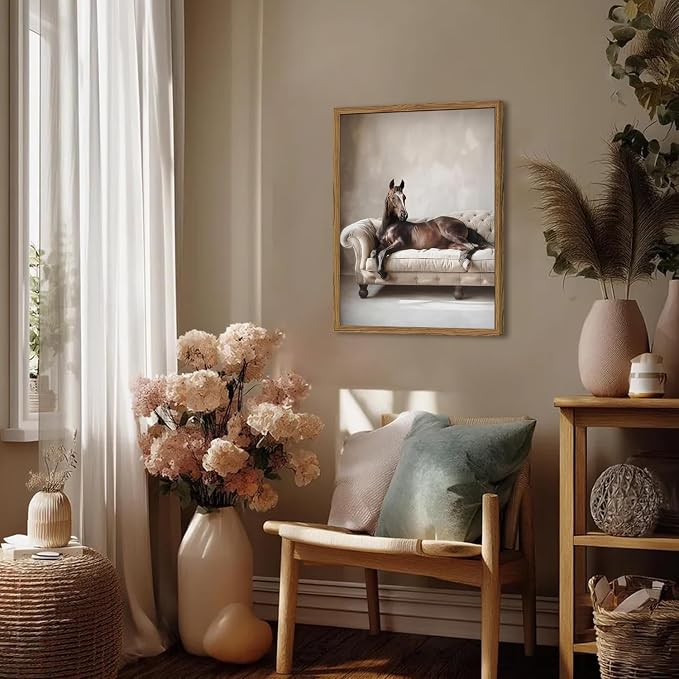 Framed Funny Horse Canvas Wall Art, Vintage Western Brown Horse On Sofa - Image 5