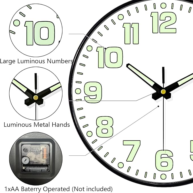 Glow in The Dark Wall Clock, Large Easy Read Numbers Tempered Glass Night Light - Image 8