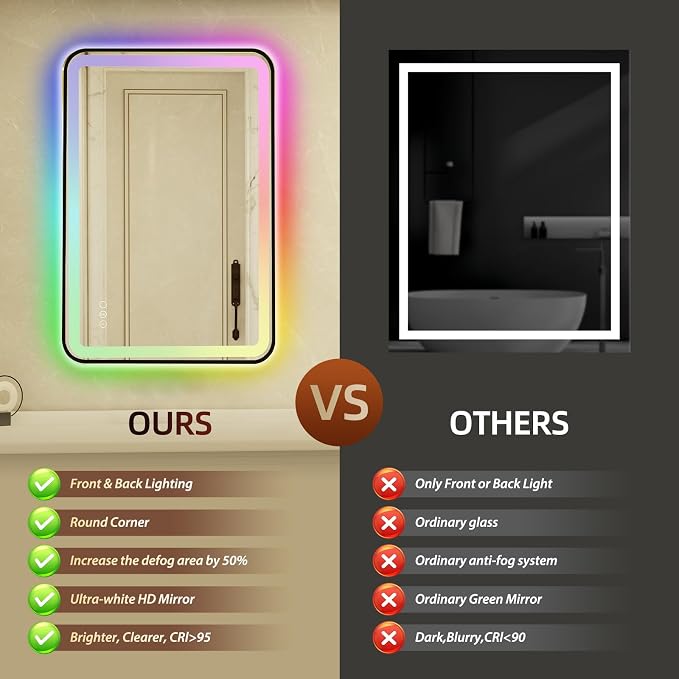 24x36 Inch Black Framed LED Bathroom Mirror - Image 7