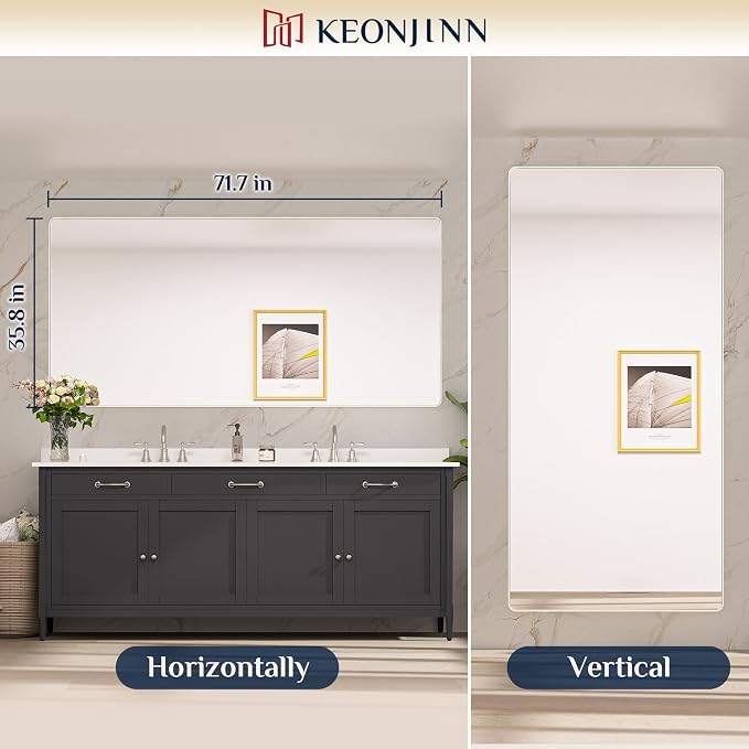 Keonjinn 72 x 36 Brushed Nickel Bathroom Vanity Mirror, Large Rounded Rectangle - Image 9