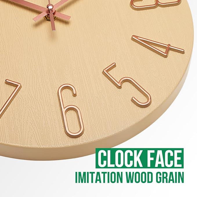 Wall Clock 12 Inch Silent Non-Ticking Imitation Wood Indoor Clock Round Beige - Image 5