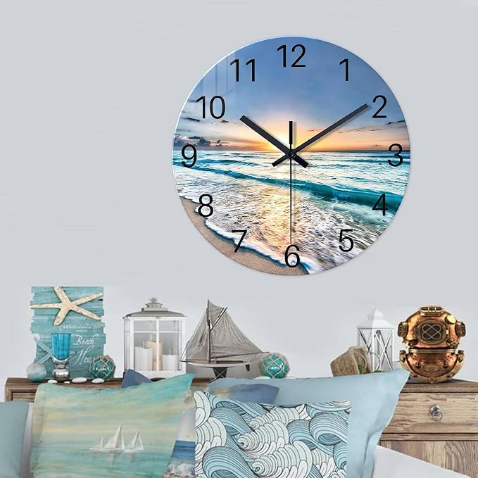 Coastal Glass Battery Wall Clock 24 Inch Blue Extra Large Clocks - Image 2