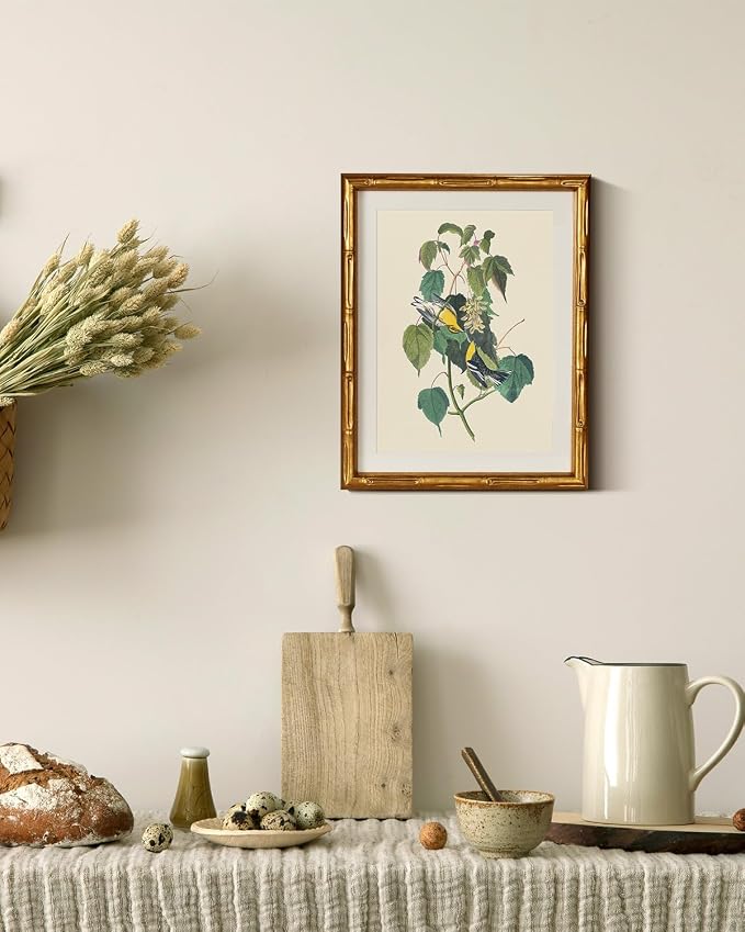 InSimSea Gold Bamboo Framed Canvas Wall Art, Vintage Bird Botanical Paintings - Image 4