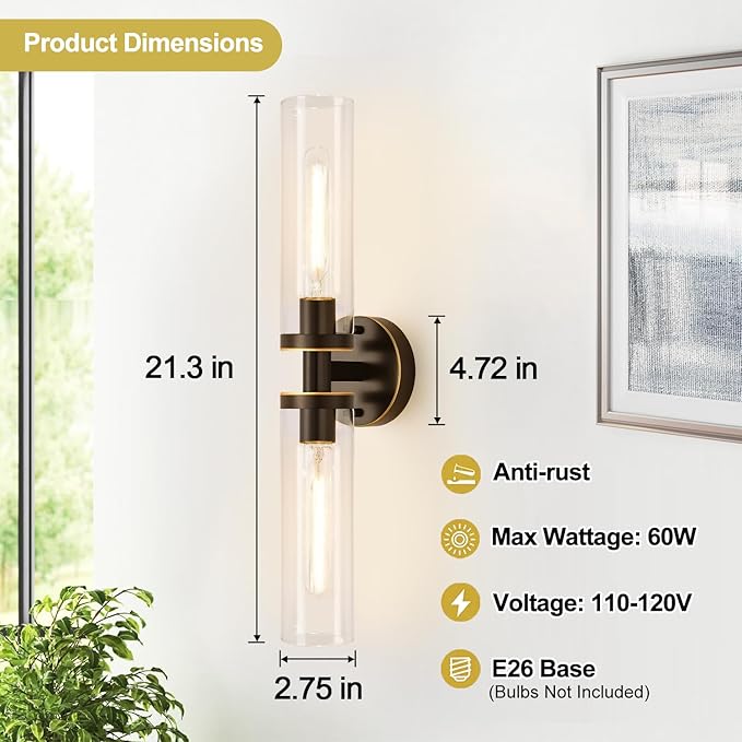 Indoi Wall Sconces Set of Two, Hardwired Brown Bathroom Sconces Wall Lighting - Image 4